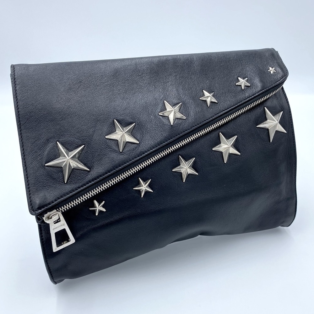 Gorgeous Jimmy Choo Black Leather Studded Foldover Clutch with silver hardware